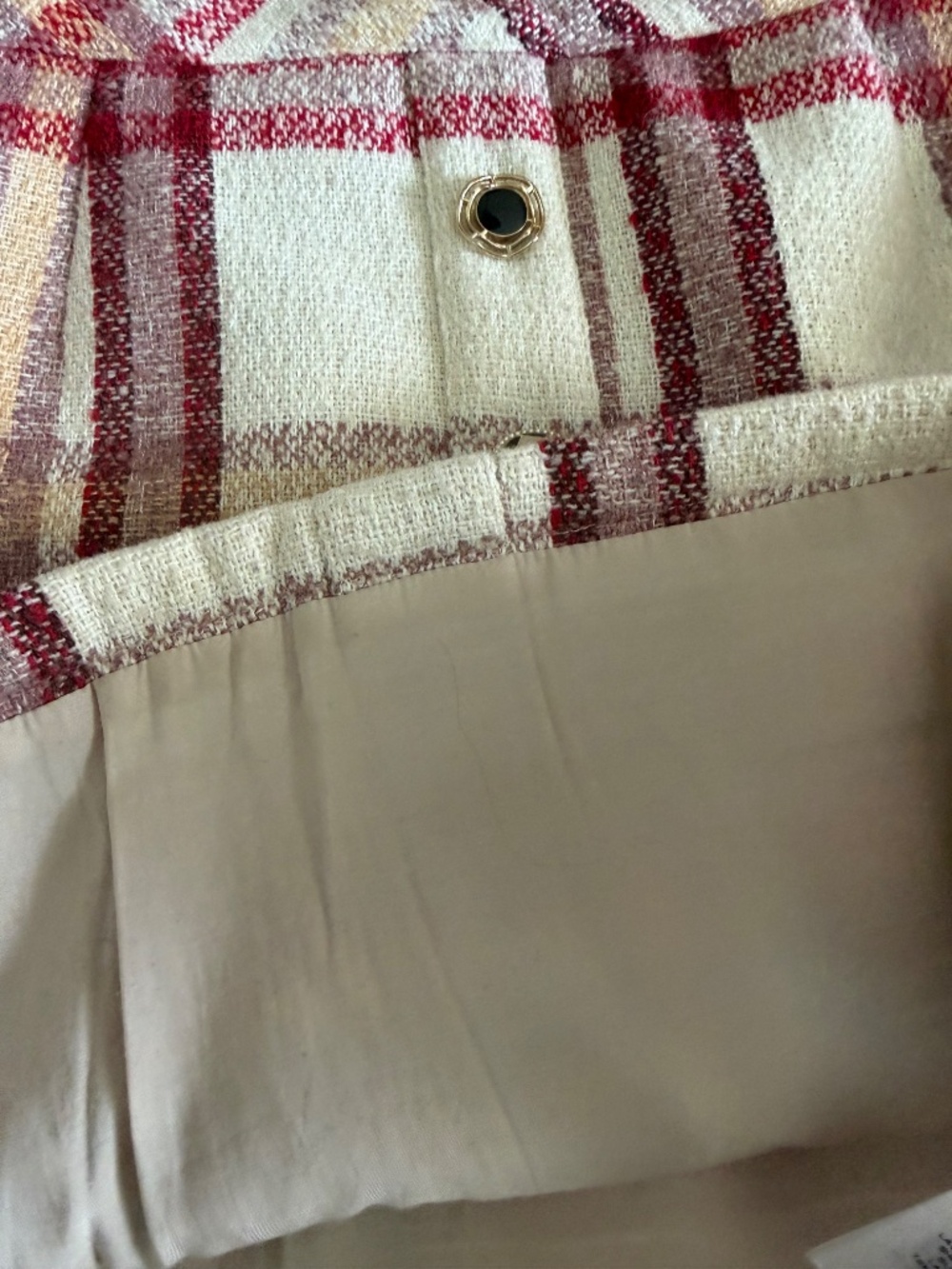 Anthropologie Sister Jane Cream Plaid Mini Skirt with Red Stripes Fun Buttons - Picture 5 of 6